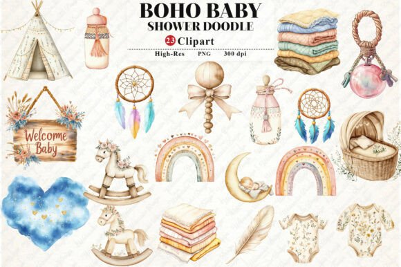 Download Neutral Boho Baby Shower Doodle Clipart - Boho Collection